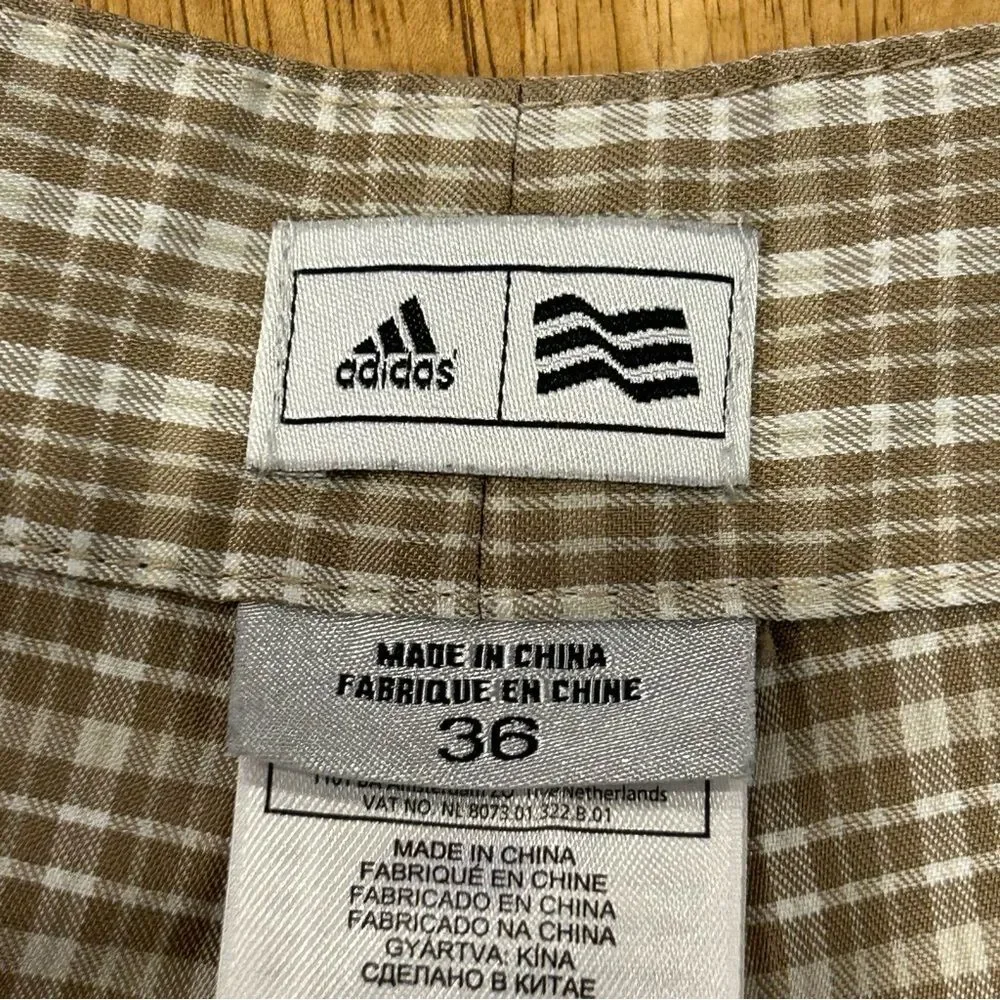 Adidas Men’s Polyester Performance Tan White plaid Golf Shorts 36